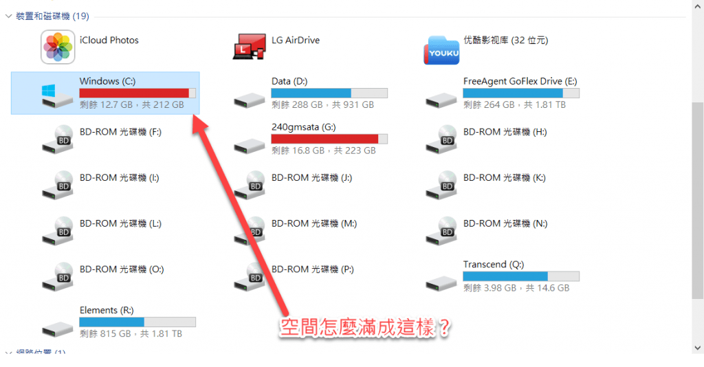 硬碟空間怎麼滿成這樣？竟然只剩下12.7GB，難怪電腦變得好慢!