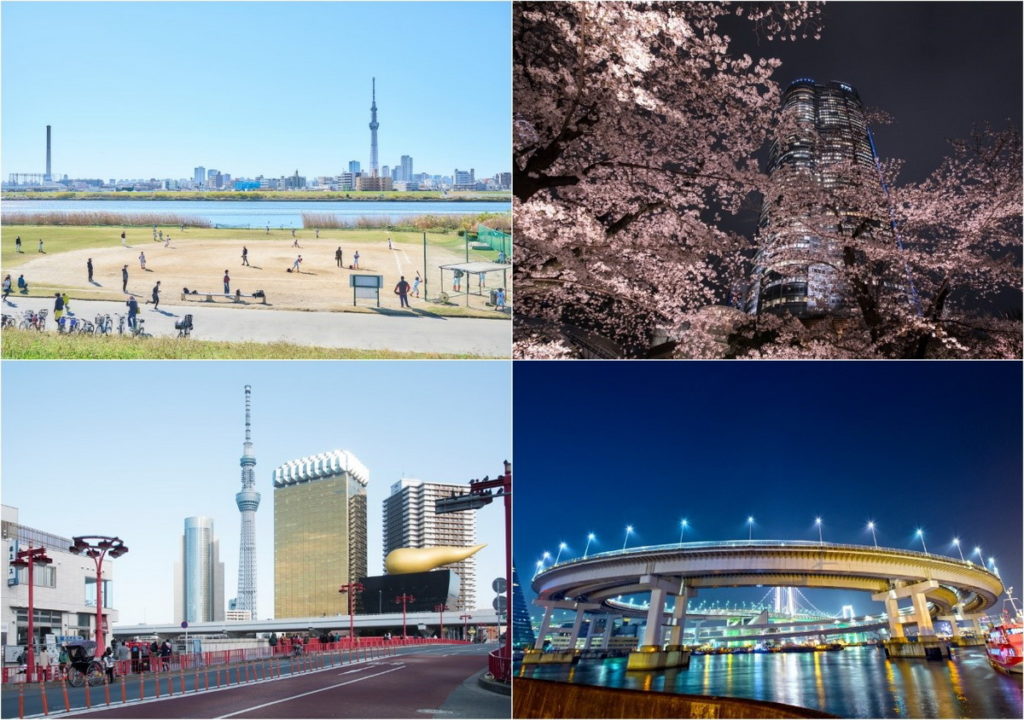 左上：荒川河畔、右上：六本木Hills夜櫻景色、左下：淺草街景、右下：東京灣彩虹大橋夜景，這幾個精華景點自行車之旅都不容錯過。 （圖片來源：ⒸTCVB）