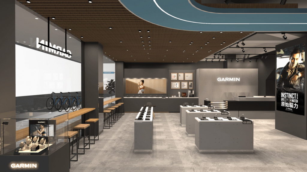 Garmin彰新店一樓為產品展示空間，設有觀景座位區，提供免費茶水與咖啡，消費者可擁有更愜意、舒適購物體驗
