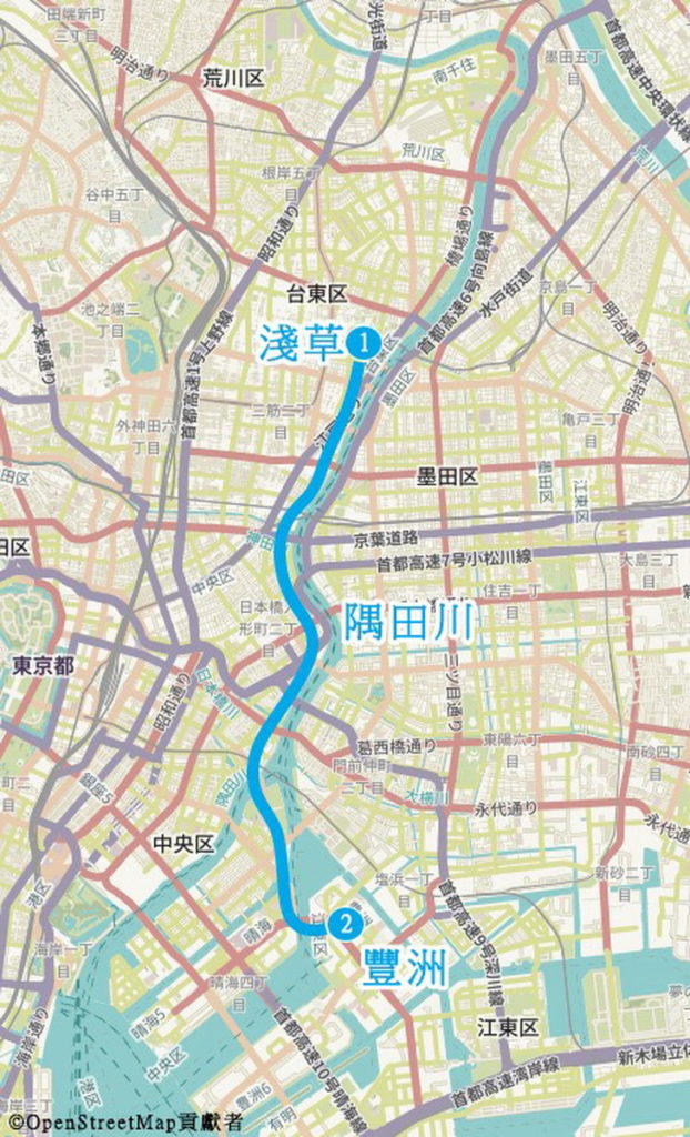 路線3 沿著著名隅田川 感受暮色低垂河畔風情路線 路線示意圖。（圖片來源：ⒸTCVB）