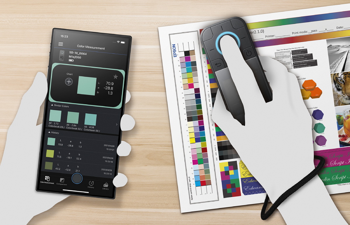 Epson SD-10透過數位對色流程，大幅升級色彩管理的便利性，可快速記錄數據在智慧手機上，幫助用戶輕鬆掌握所需色彩資料。