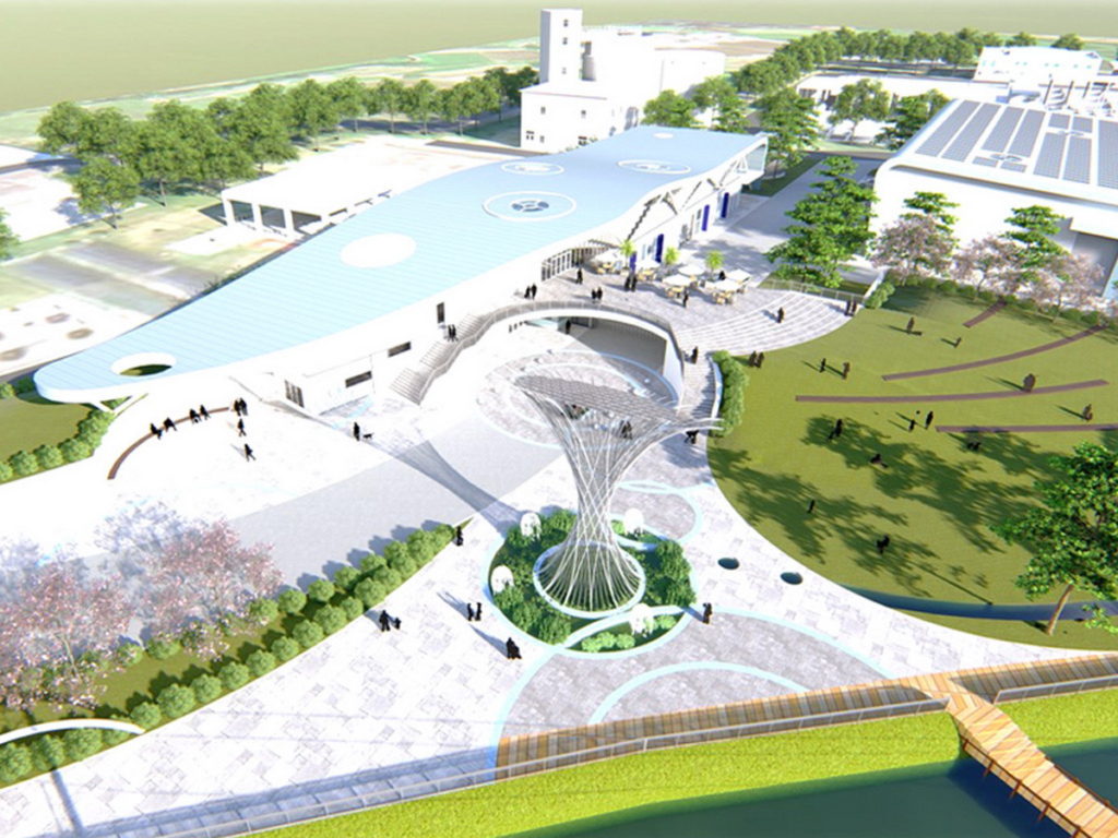 桃園北區水資中心BTO案3D模擬示意圖。廠區結合周邊自然環境，將成為一處集休憩、生態及環境教育的水資中心。