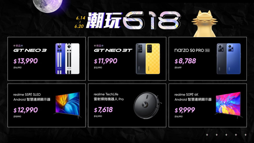realme「潮玩618」祭出多項夯品折扣，潮玩電競旗艦GT Neo3系列購機現省1千元。