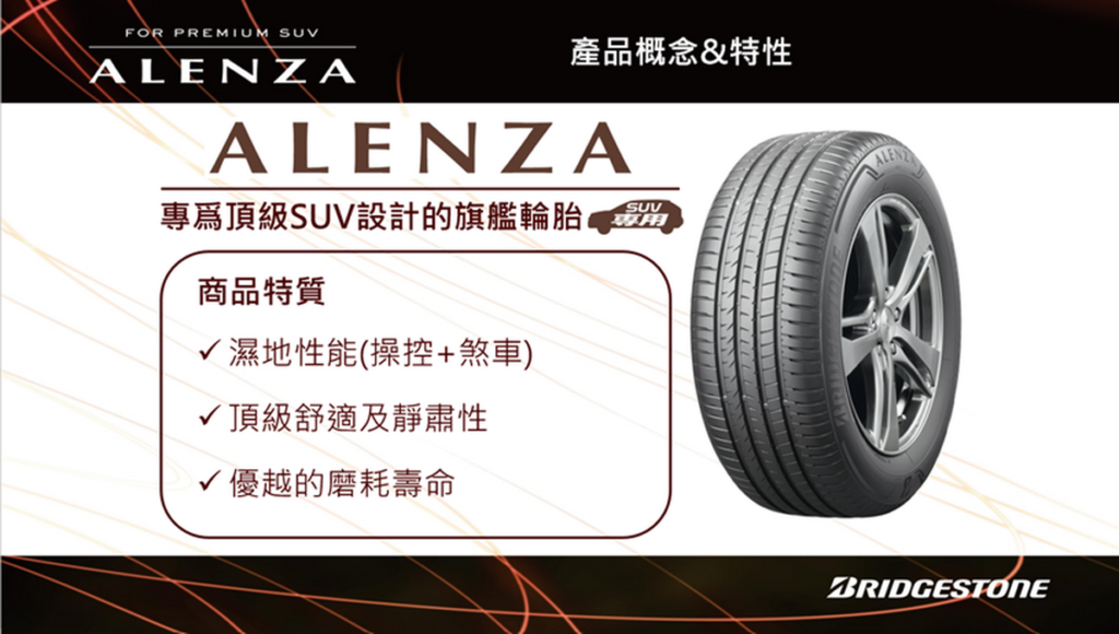 Alenza專為頂級SUV設計的旗艦輪胎 具備舒適、 安靜、絕佳煞車性能(資料來源_日本普利司通)