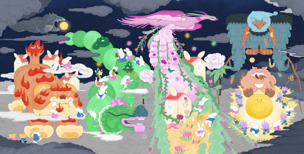 YUAN圓 與台灣插畫家角斯聯名合作，以「神獸的中秋之月」故事為靈感出發設計出四個角色，代表孩子不同的個性，期望能開心做自己，並學習互助與分享的重要性。（圖 / 麗嬰房提供）