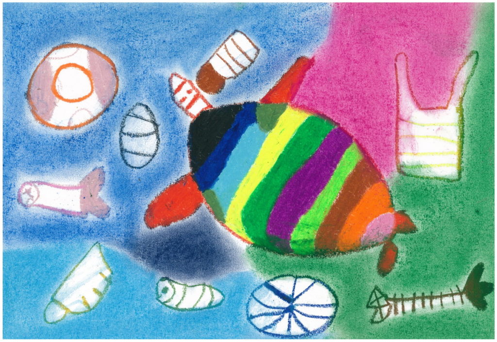 「海龜與垃圾」描繪出近年大海被汙染的五顏六色，海龜已經沒有清澈的生長環境