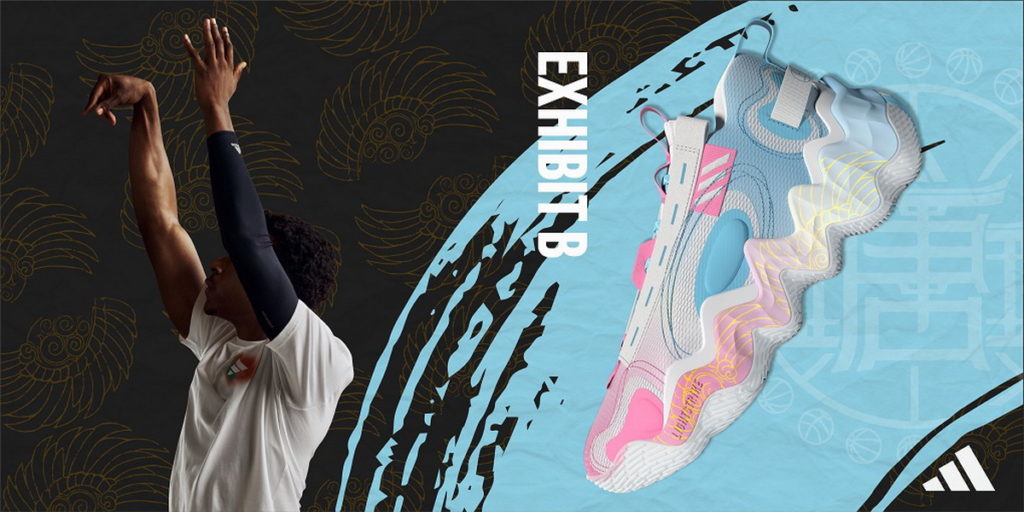  adidas Exhibit B 整體以活潑鮮明的粉藍、粉紅為主，並用霓虹漸變的方式呈現；鞋側覆蓋與眾不同的「鳳羽」和「翔雲」圖樣，象徵展翅高飛的大鵬