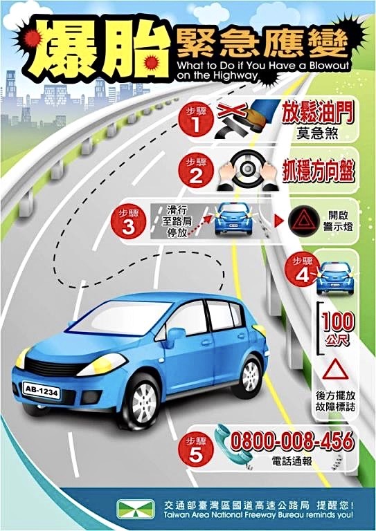 臺北市保安警察大隊呼籲，駕駛人可學習爆胎緊急應變措施，如遇爆胎時可運用自保。