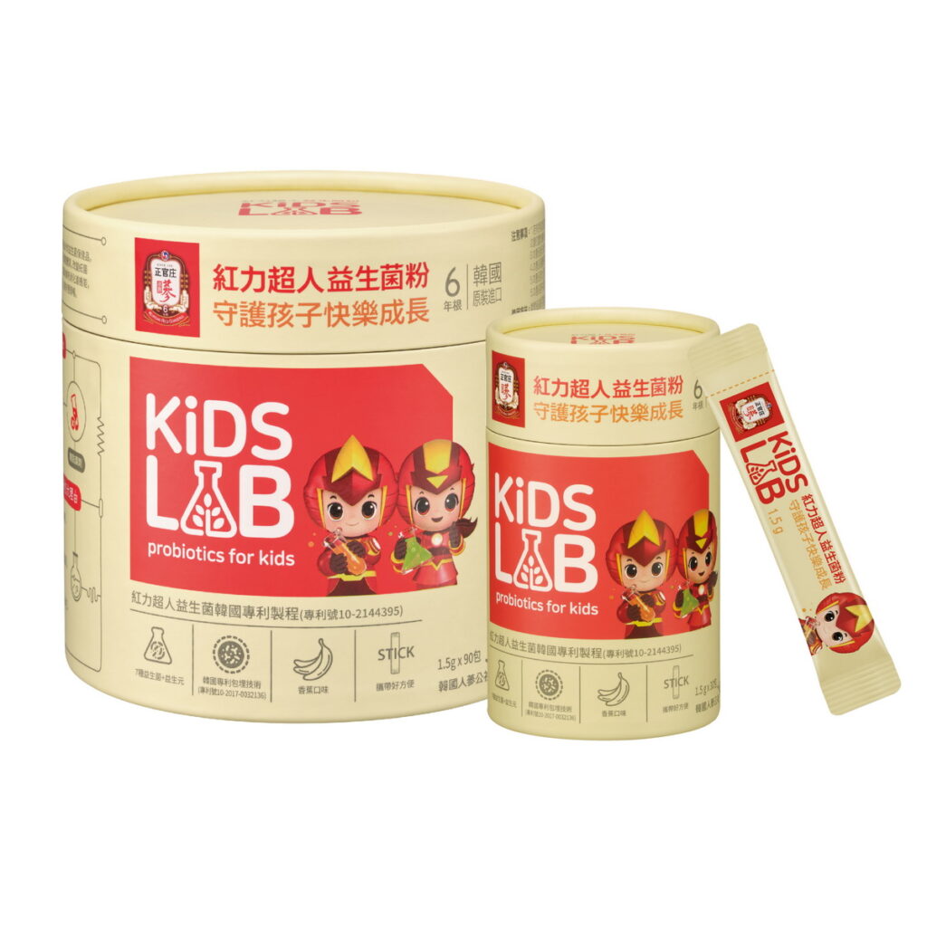 正官庄專為兒童設計「紅力超人益生菌粉」含7種益生菌與7種益生元，有30入及90入包裝，幫助孩童平衡好體質。