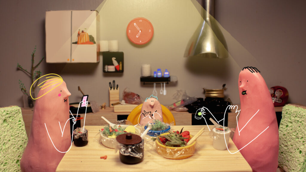 台灣特別獎-洪慧珍以跨媒材視覺設計闡述減塑議題《金方便捏》獲得-圖為家庭用餐的省思。(信誼基金會提供)