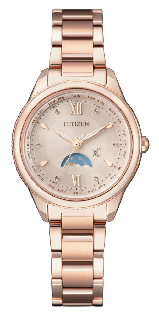 「心蕊．台灣限定款」EE1003-68W以粉紅金錶殼錶帶呈現，背底蓋上的台灣限定鬱金香圖騰象徵將「永恆的愛」獻給CITIZEN的粉絲們。
