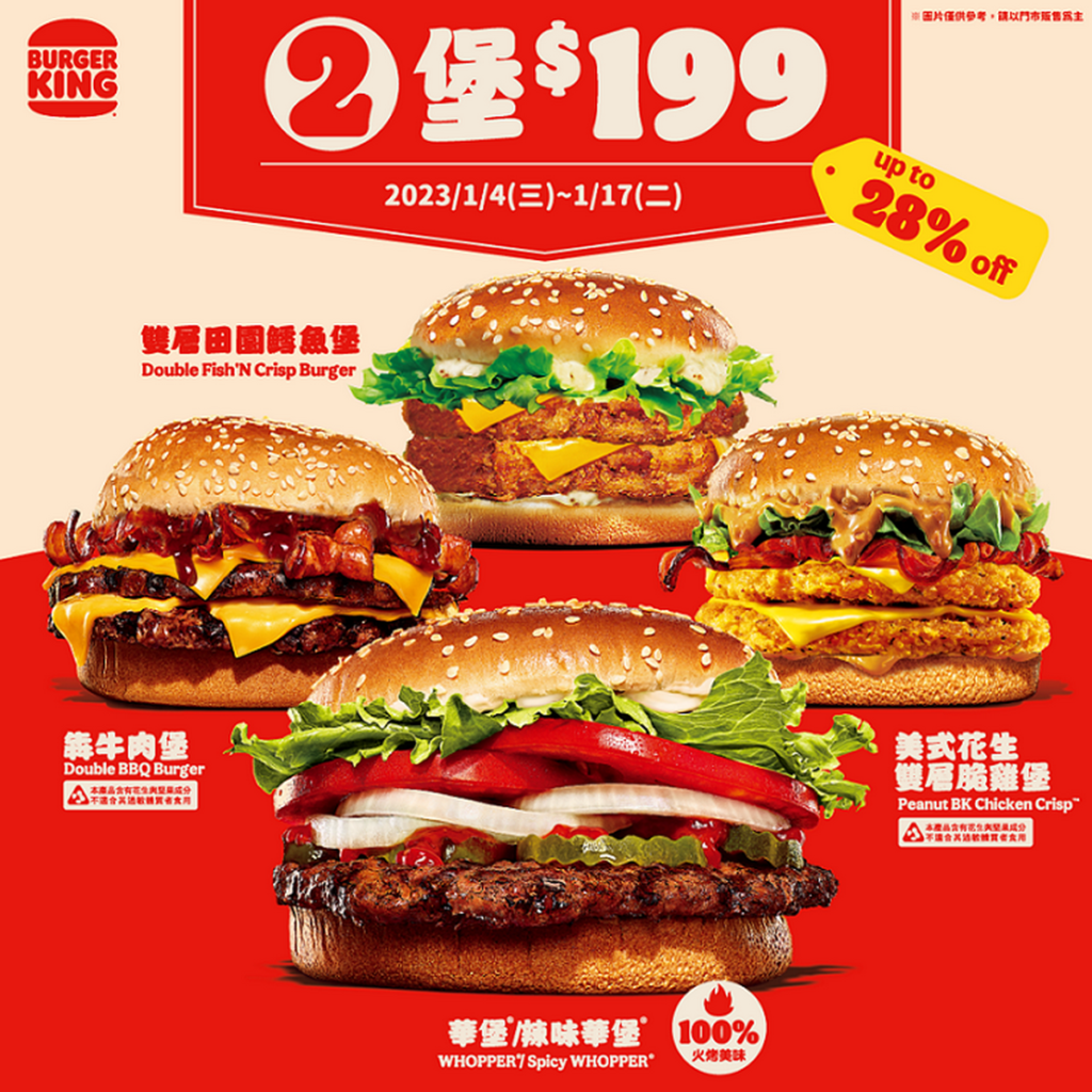 1月4日至1月17日，漢堡王推出「2堡199元」，一共四種口味漢堡任選超級省，相當最低72折優惠！