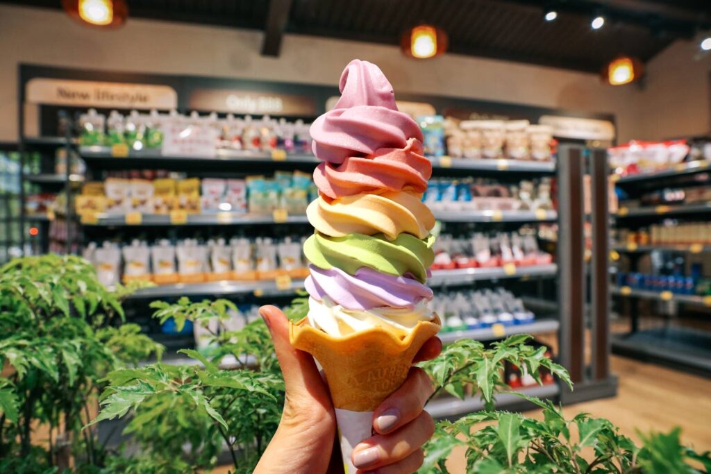 招牌的北海道6色彩虹冰淇淋－使用天然食材原料，可以吃到紅心芭樂、藍莓、海藻、抹茶等口味，無化學添加，全程不加一滴水，以北海道十勝四葉鮮奶製作__66Cheesecake提供