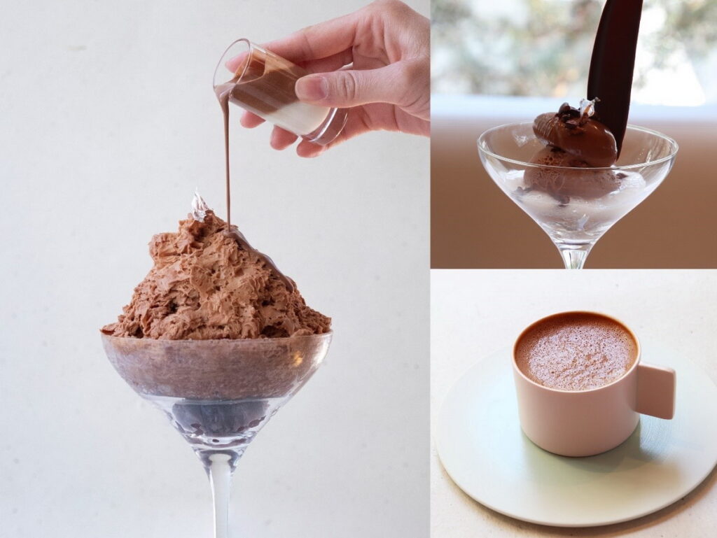 附設的咖啡廳提供豐富的巧克力甜品，夏季限定冰品「可可金時」、「nel巧克力百匯」、「熱巧克力」等皆是不能錯過的品項。（照片來源：Ⓒnel CRAFT CHOCOLATE TOKYO）