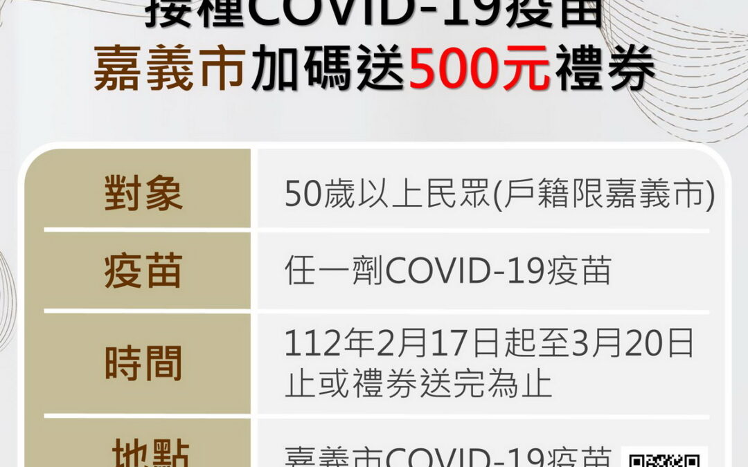50歲以上嘉義市市民完成任何一劑COVID-19疫苗接種 加碼贈送500元禮券