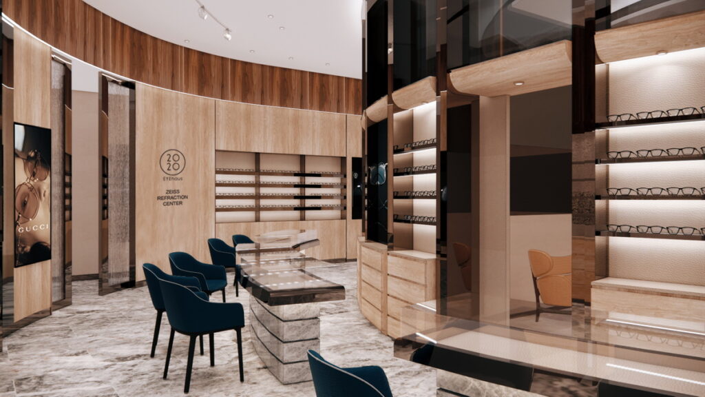 2020EYEhaus 以全新概念及空間氛圍打造忠泰旗艦店！圓弧空間設計宛如眼鏡架貼合人體的弧線，搭配交錯的弧形天花，創造舒適的選鏡體驗。