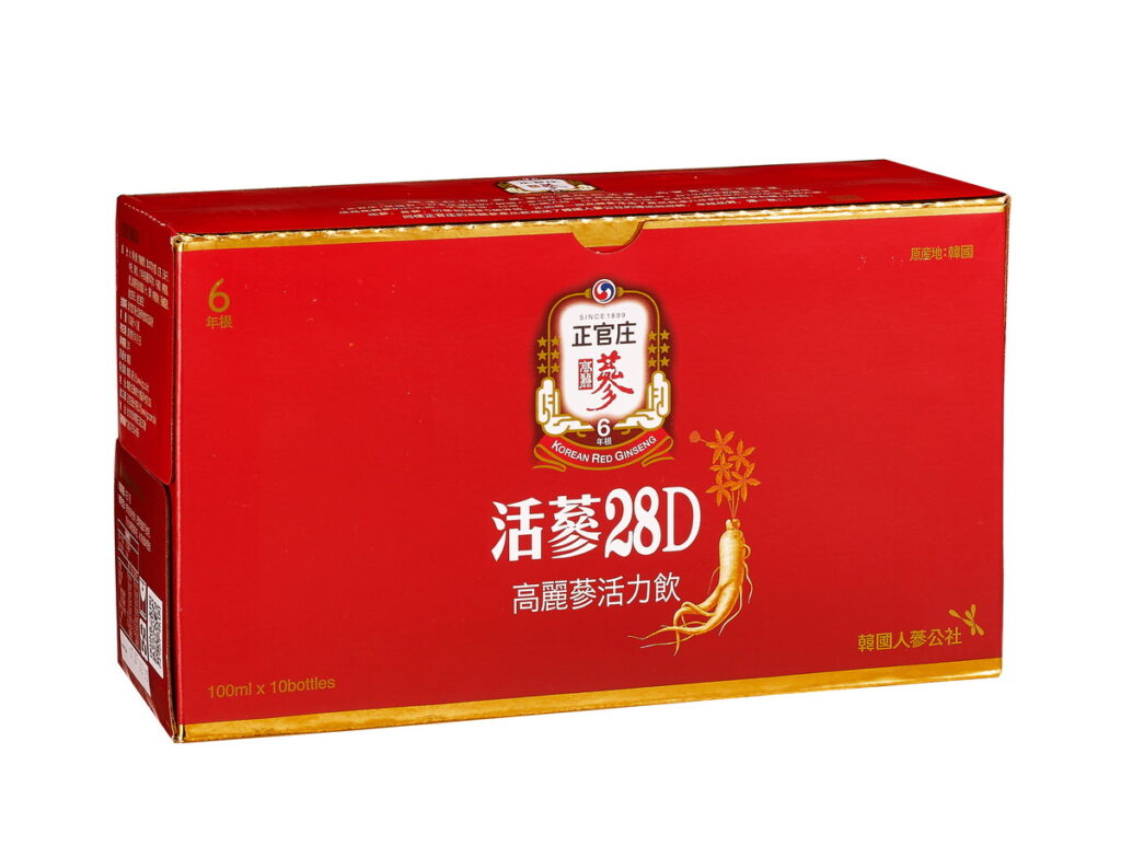 正官庄「活蔘28D」含6年根高麗蔘萃取精華、3種維他命B與牛磺酸，即刻補充整天能量，於全聯通路即享好能量價10入NT$569元。