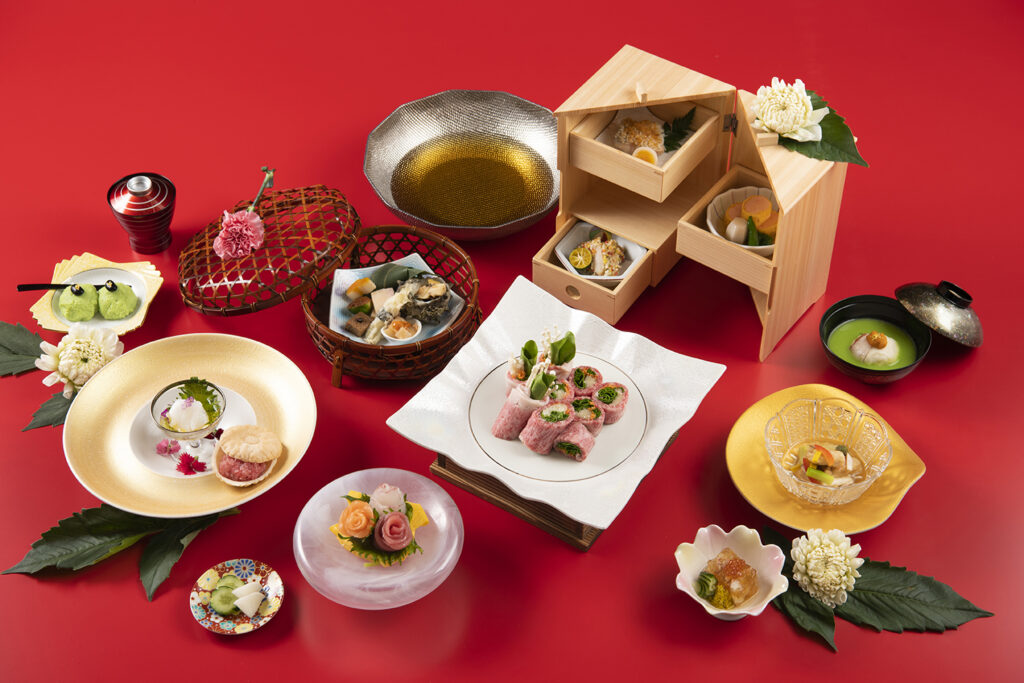 JR東日本大飯店台北HAYASE日本料理母親節套餐使用秋田和牛包覆季節鮮蔬的「和牛千草鍋」及「花束壽司」獻給媽媽。