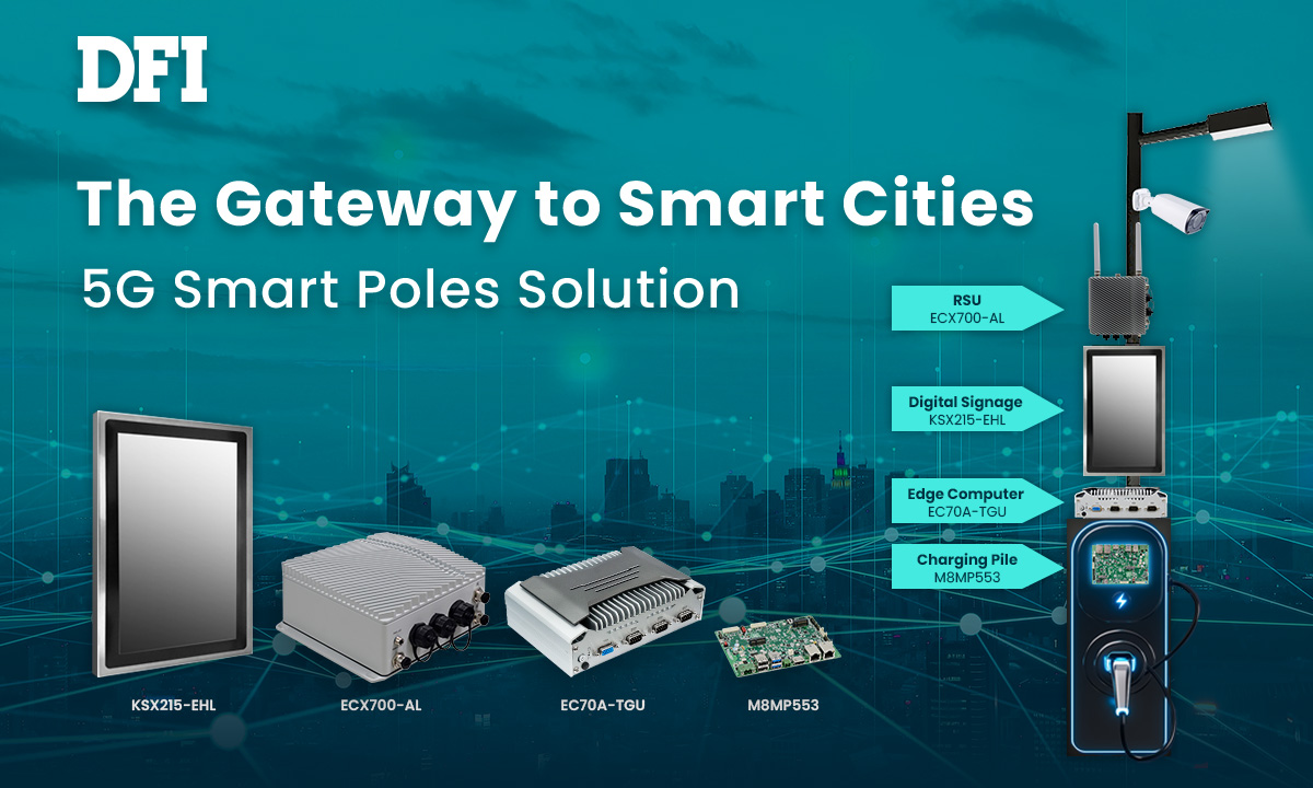 圖說：友通資訊以智慧城市為主軸，攜手捷智康科技於攤位上展示的5G智慧共桿（Smart Pole）解決方案，藉由整合多項軟硬體設備，共同展現AI邊緣運算與5G實力。
