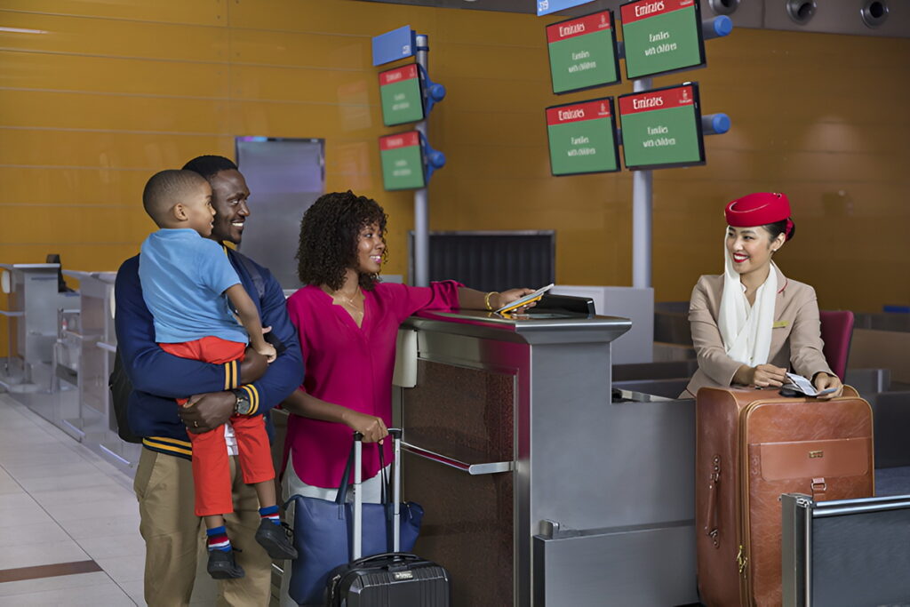 阿聯酋航空在旅遊旺季於杜拜國際機場提供家庭旅客專屬報到櫃台，縮短排隊時間，讓旅客享有快速順暢的報到體驗。