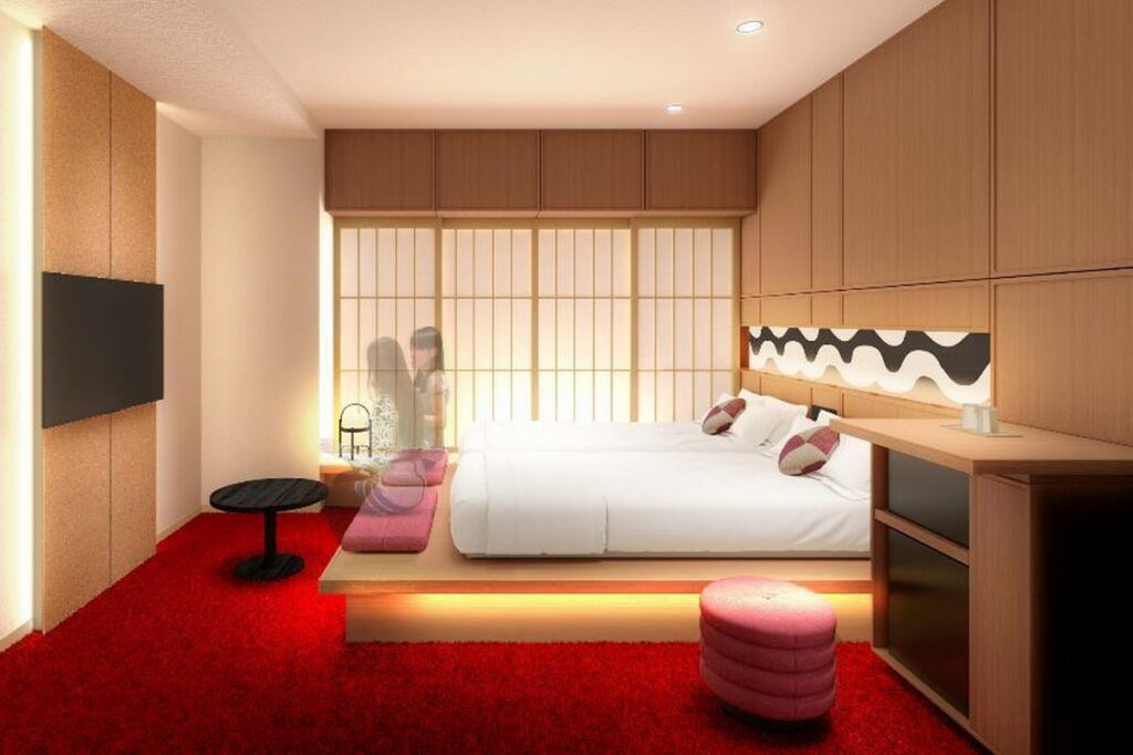 「寄席（YOSE)雙床房」以淺草的娛樂文化象徵「寄席（YOSE)」的元素設計而成。（© Hoshino Resorts.）