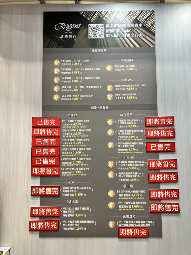 台北晶華酒店「柏麗廳」餐券也被搶購一空，多個餐券品項更早早貼上已售完