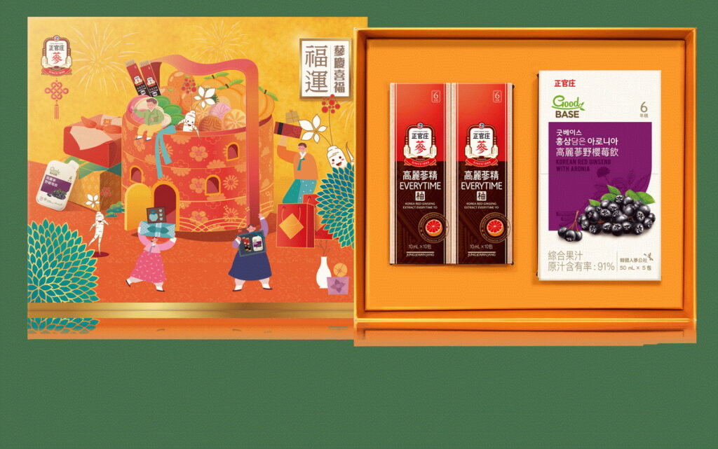 「蔘慶喜福-福運禮盒」內含「高麗蔘精EVERYTIME柚」10入2盒與「高麗蔘野櫻莓飲」5入1盒，享新春好魅力價NT1,500元。