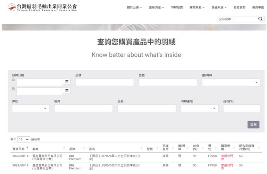 台灣羽毛公會網站中的抽檢系統