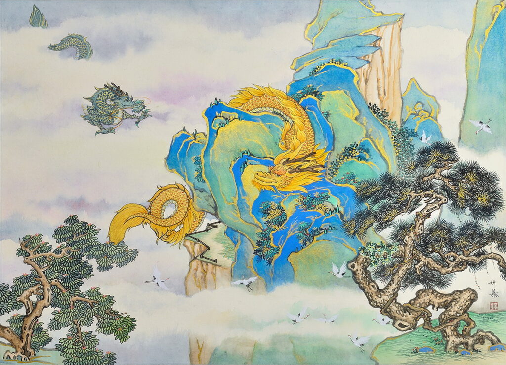 新銳藝術家徐妍蓁為了本次與統清的聯名禮盒，特別創作了「金碧游龍」山水畫作。