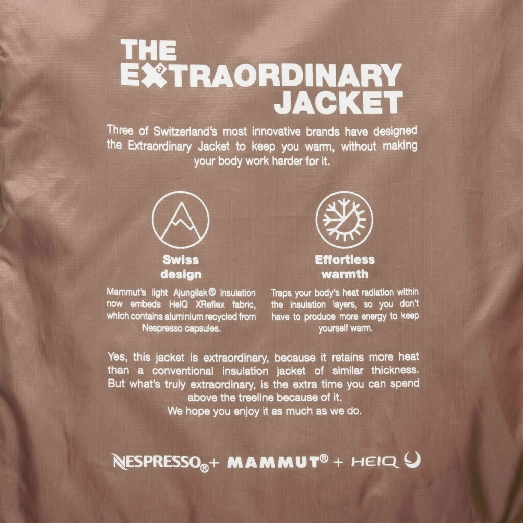 「Extraordinary Jacket」將Nespresso回收鋁製膠囊外殼熔製成外套內的保溫層，搭配超輕化纖材質，能夠多保留20%熱能