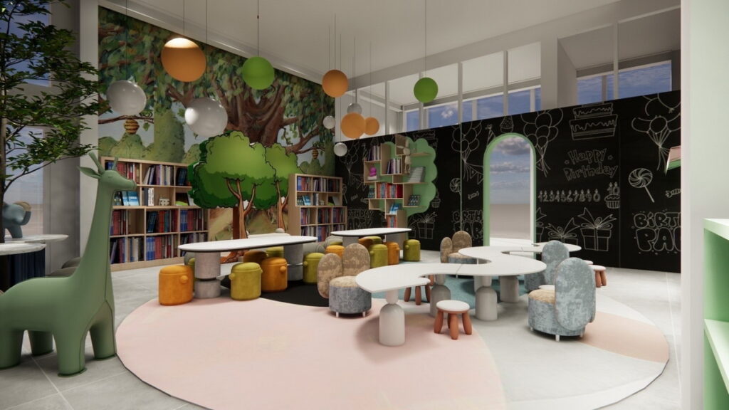 夢幻親子友善書店 「粿粿繪本館」全館由藝術家親手手繪，以淡雅舒心的色調和童趣可愛的造景融合空間主題打造。
