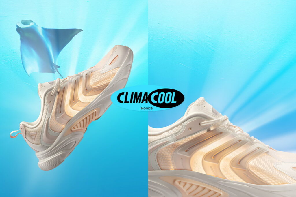 adidas以海洋魚類為靈感推出 CLIMACOOL VANTANIA，藉由透氣網布與前掌鏤空設計，360 度全方位通風效果，時刻保持舒爽