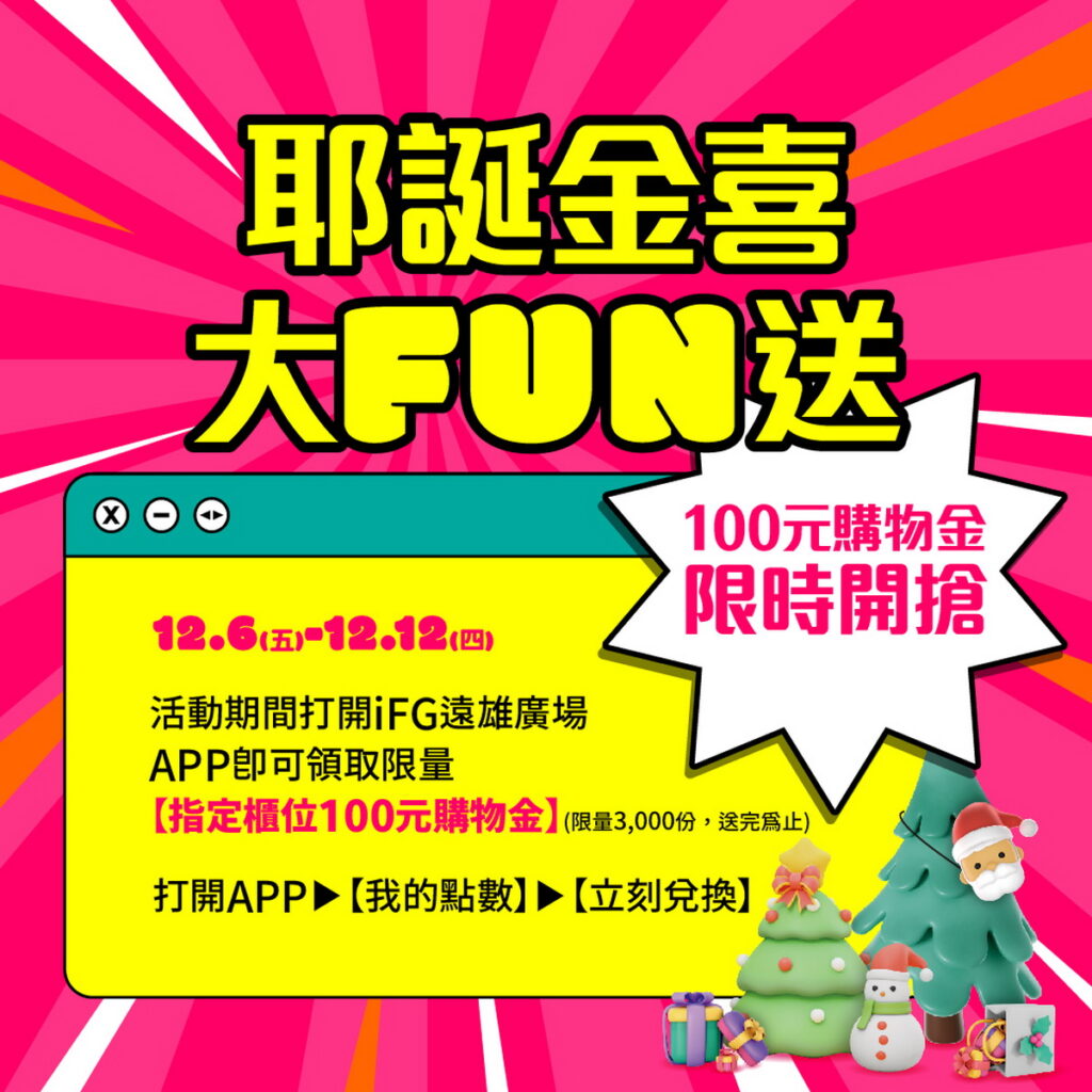 12月6日至12日，每天凌晨零點準時開搶的「耶誕金喜 大FUN送」購物金，每人最高可領取700