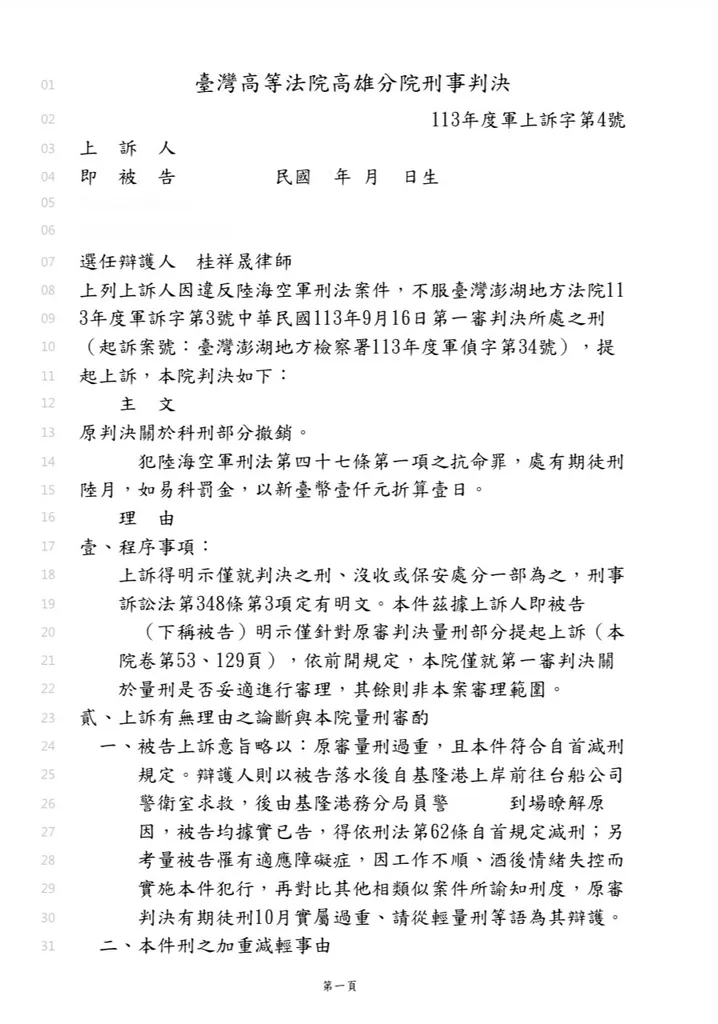 最終判決歐姓上兵的刑期從輕改判至6個月並得易科罰金。被告上訴成功免關，可以安心過好年。