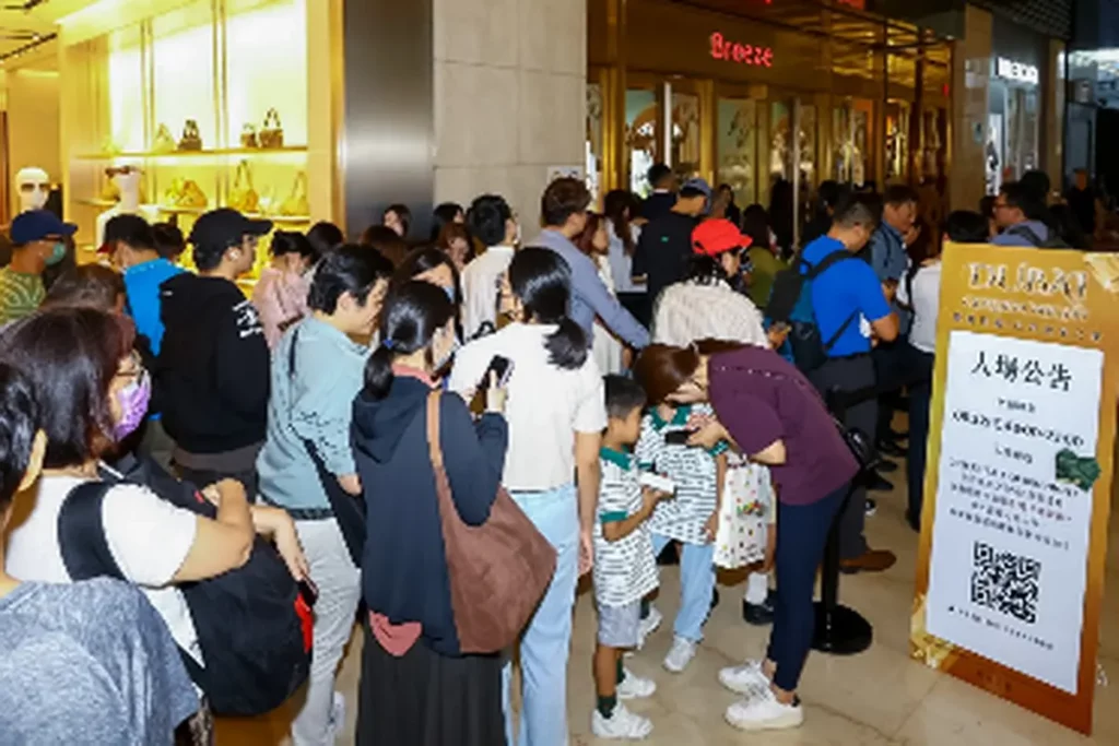 微風信義門口聚集超長人龍排隊等候入場。