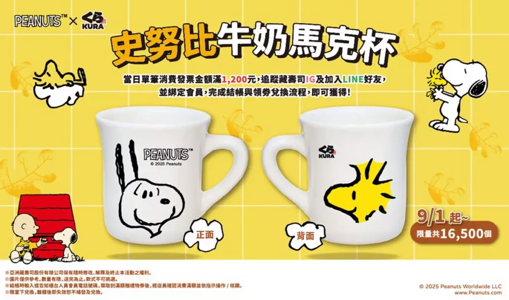 「史」在太欠收！825起暑假大壓軸，藏壽司與Peanuts聯名史努比造型圓盤及牛奶馬克杯輪番登場，藏友們準備開搶
