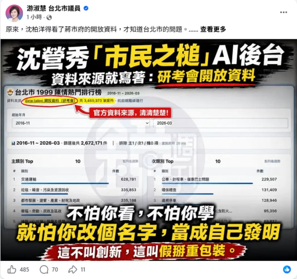游淑慧踢爆「市民之槌」底細：拿蔣市府開放資料改個名字重新表演 這叫「假掰之錘」