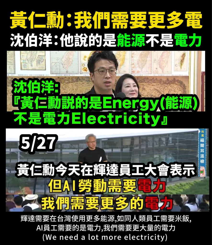 沈伯洋energy、electricity之辯當場被打臉 黃仁勳員工大會多次明說「需要更大量電力」 網酸：講給民進黨聽的