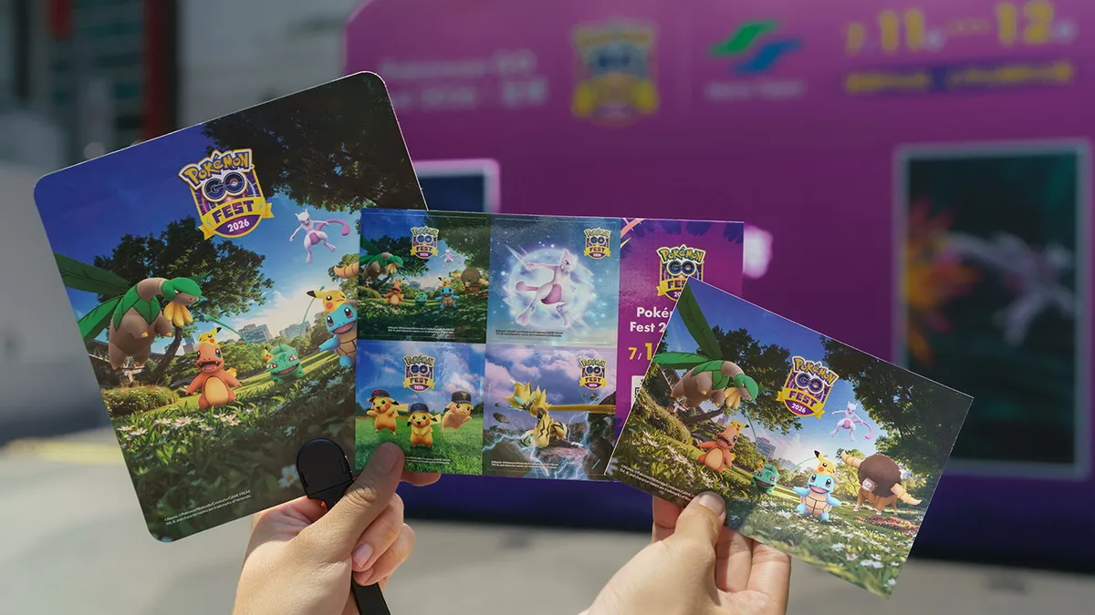 「Pokémon GO Fest 2026：全球」主題紀念品，現場出示遊戲畫面即可領取手拿扇。追蹤官方社群帳號即可領取主題明信片。使用「誰是你的最愛？」拍照並上傳分享即可領取活動主題貼紙。