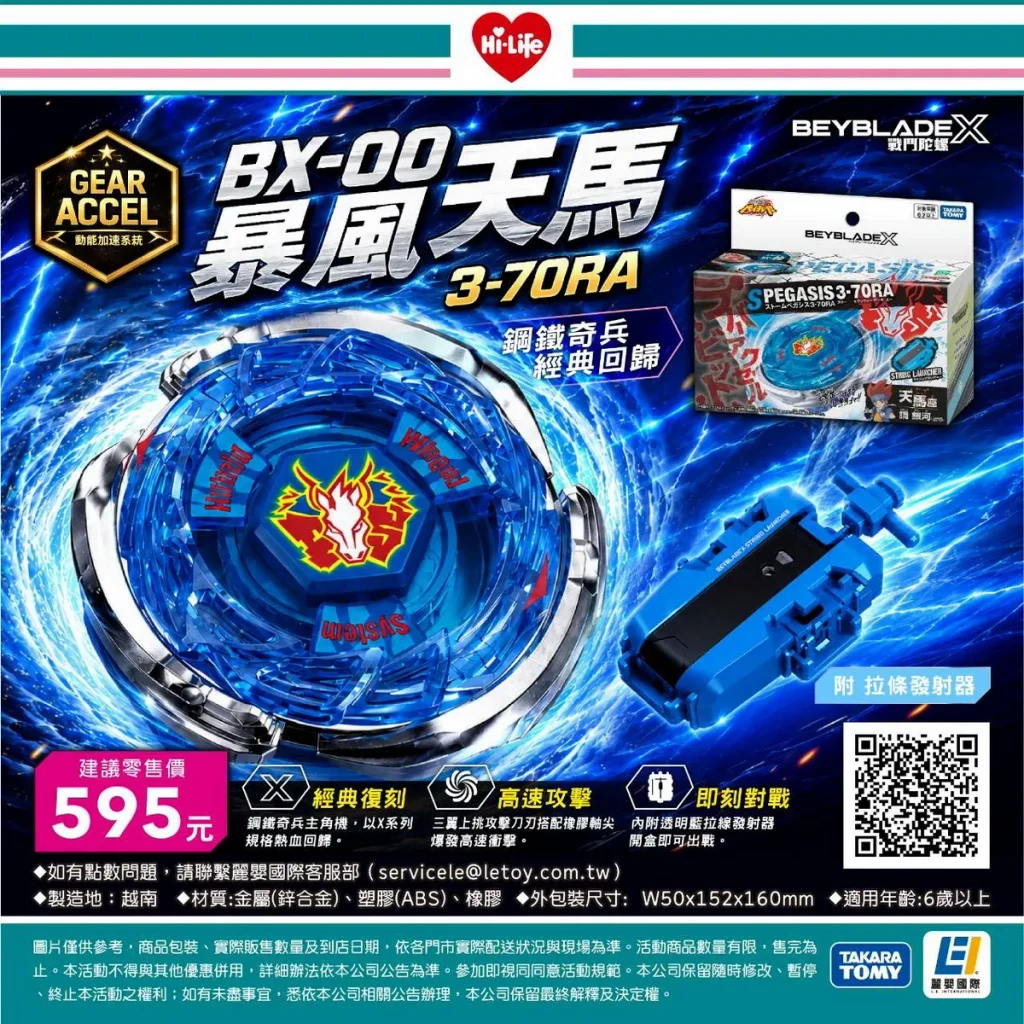 萊爾富推出《BEYBLADE X》系列新品，將於明（25）限量販售「BX-00 暴風天馬 3-70RA」，進一步從賽事活動延伸至商品銷售，滿足玩家收藏及競技需求。