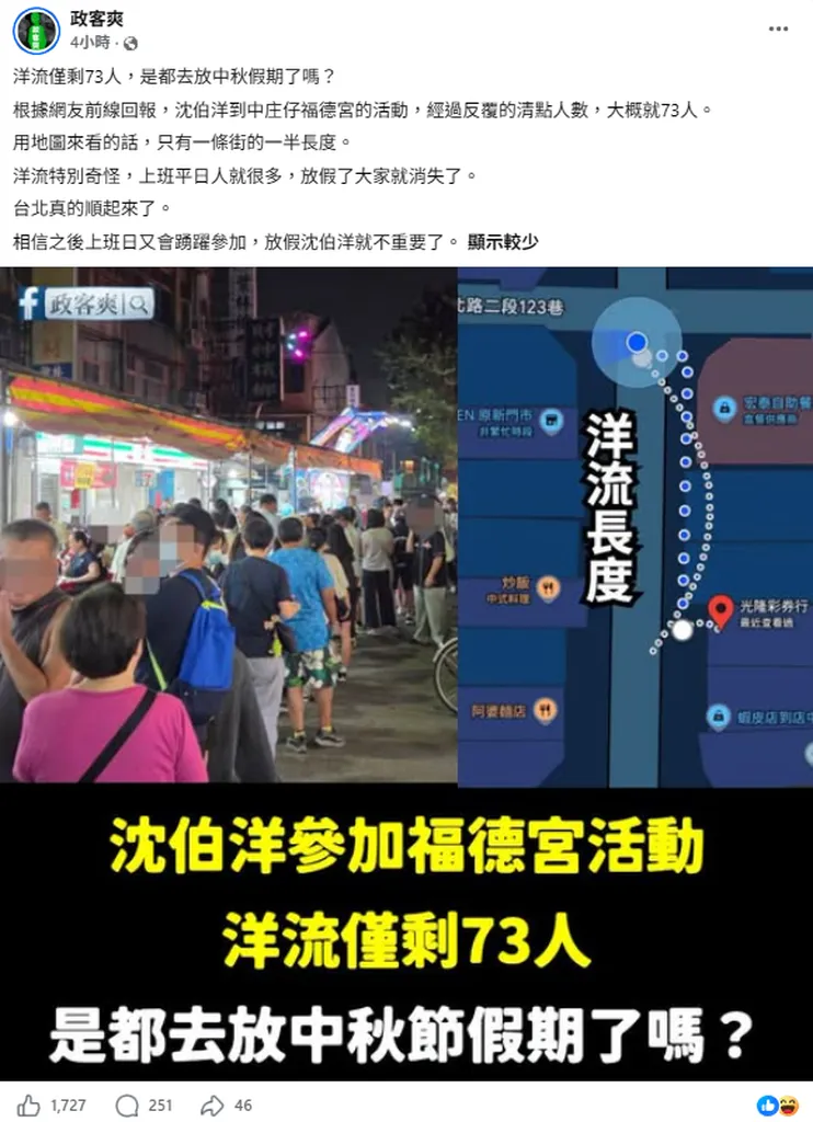 中秋連假「洋流」現形 沈伯洋赴中庄仔福德宮僅73人到場 粉專酸：上班平日人多 放假就消失