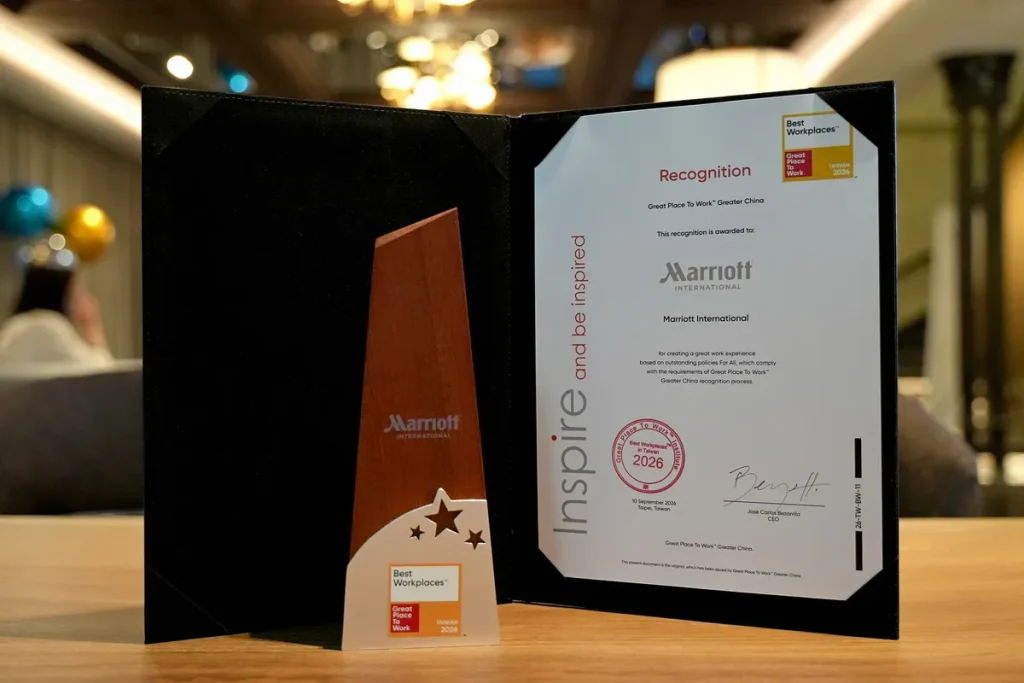 萬豪國際集團獲選Great Place To Work™頒發的2026年度「台灣Best Workplaces™」榜首。