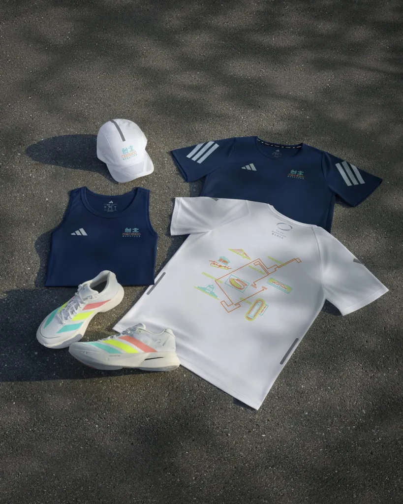 adidas臺北馬拉松限定服飾與配件，包含透氣的短袖跑衣、跑步背心與跑帽等。