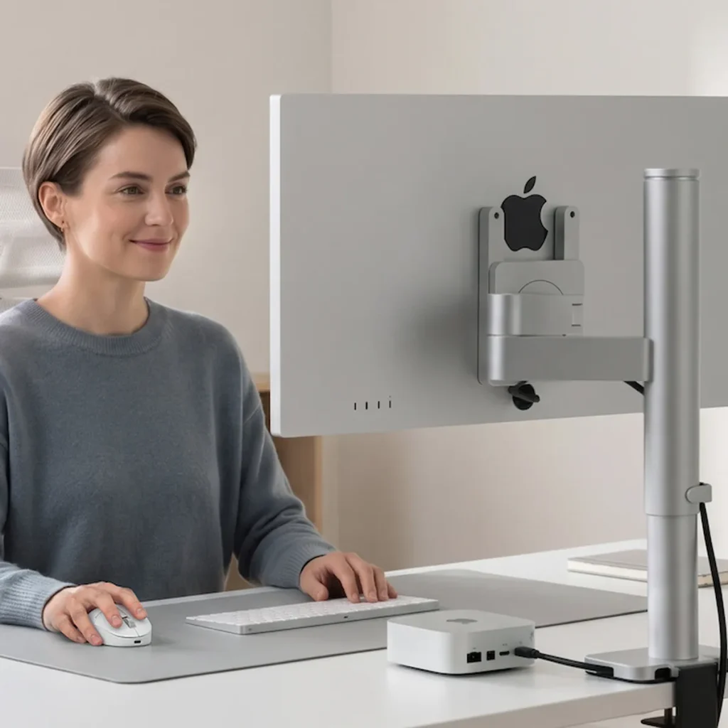 INFTYLAB螢幕支架H型轉接板保留顯示器背面Apple標誌,螢幕就位在舒適的視線高度